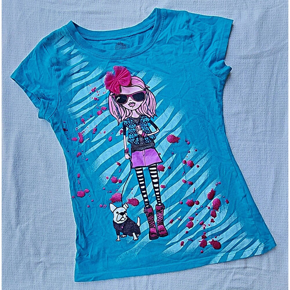 EVY of California Girls Graphic 3D Bow Crew Neck Tee Teal Blue Size 10-12